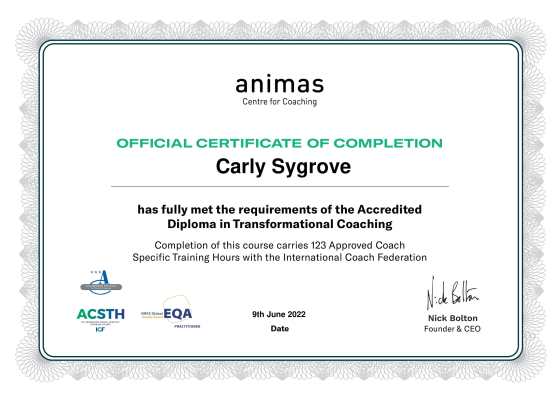 Diploma in Transformational Coaching awarded to Carly Sygrove