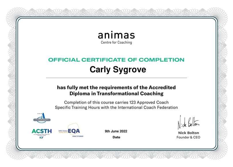 Diploma in Transformational Coaching awarded to Carly Sygrove
