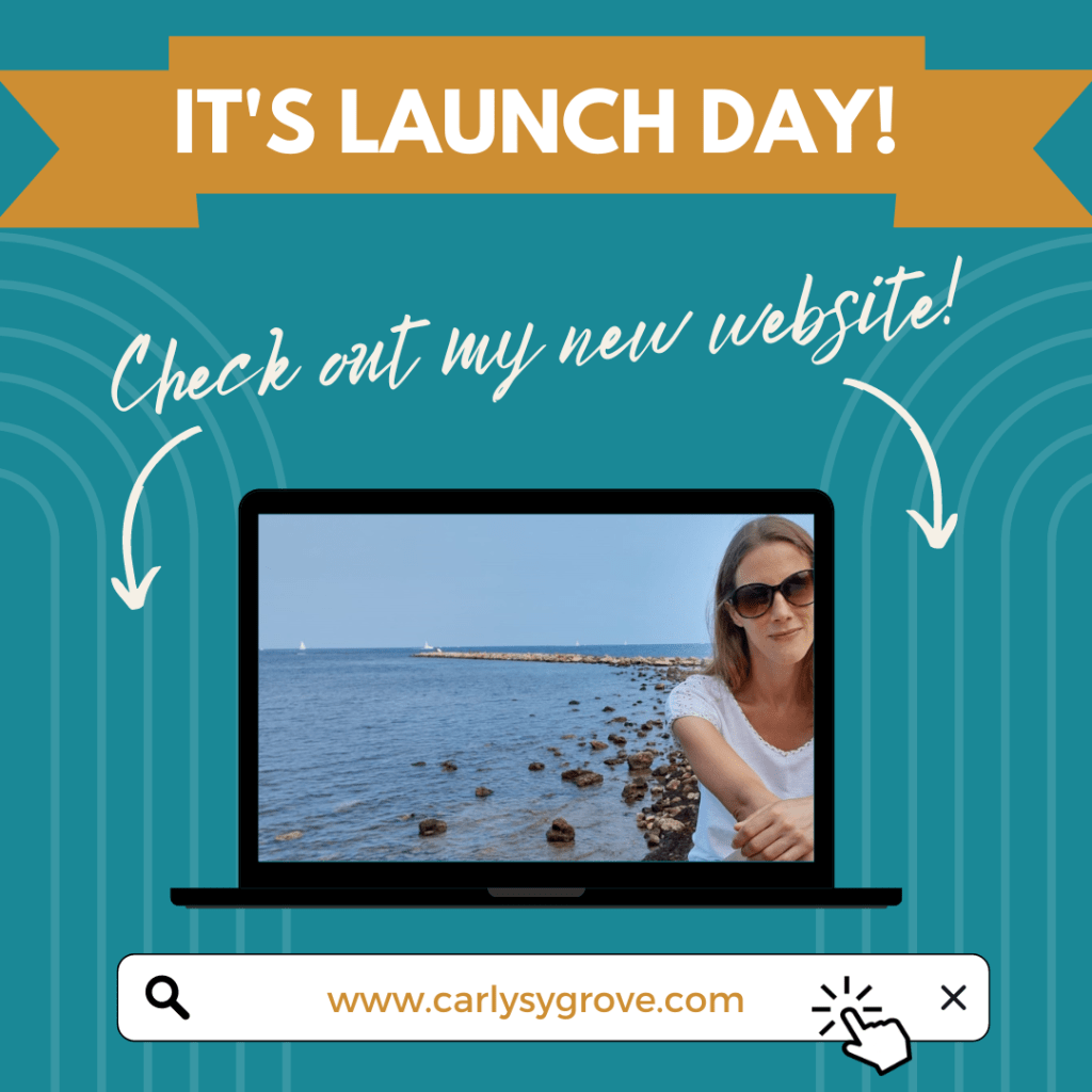 Laptop screen with photo of me and a search bar underneath with website address: www.carlysygrove.com